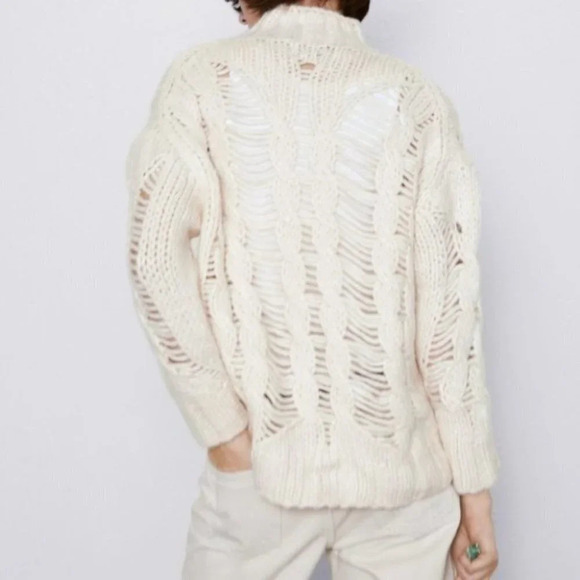 Zara Openwork Cable Knit Sweater High Neck Ecru White Size Small - Picture 5 of 12